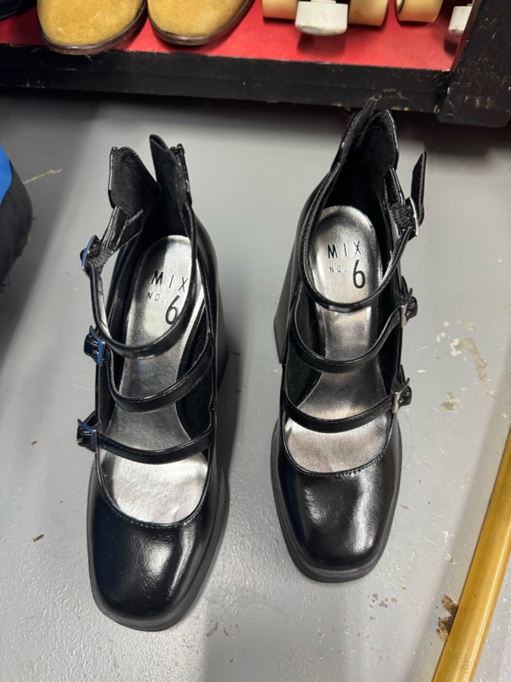 Mix No. 6 Black Triple-Strap Square-Toe Mary Jane Heels